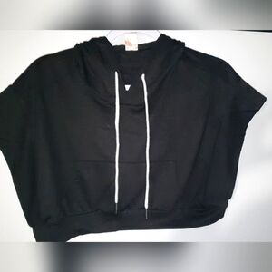Black Cropped Hoodie with White Drawstrings